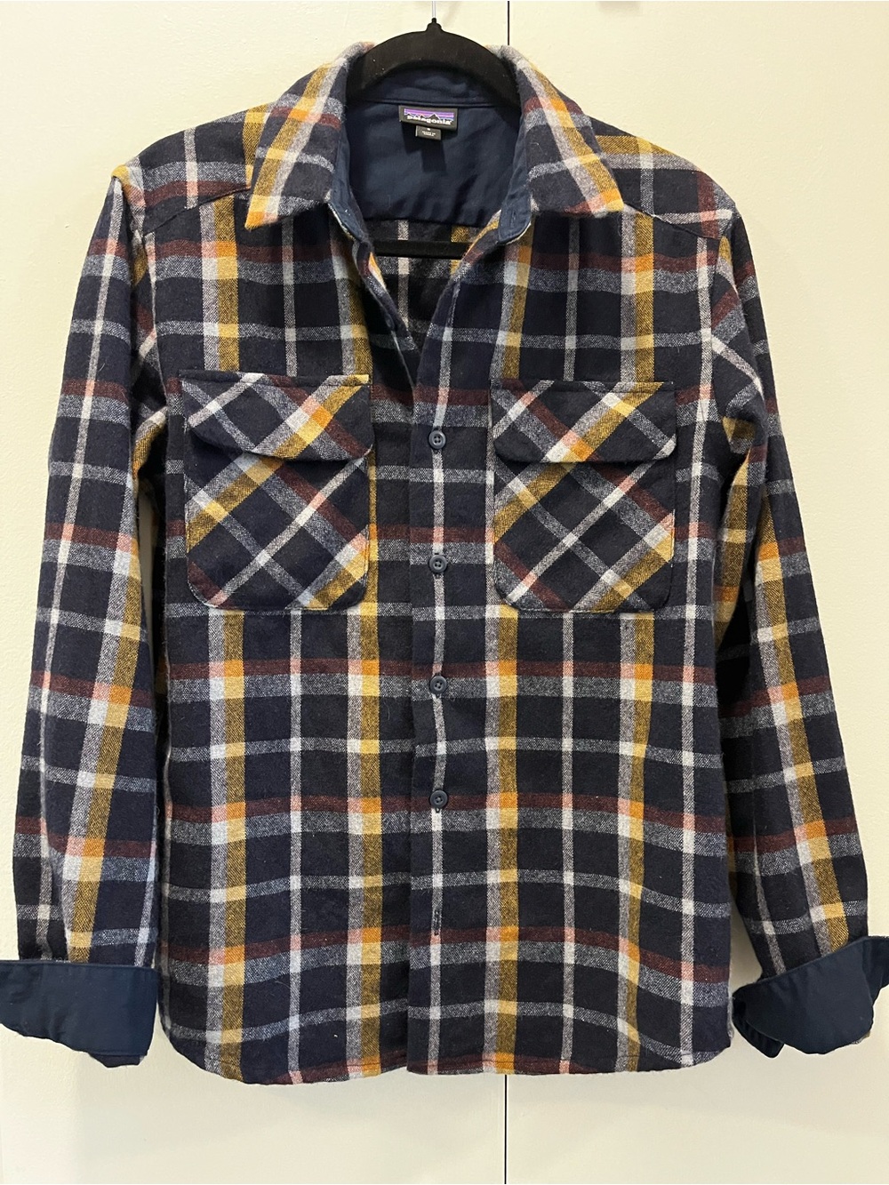 Patagonia Navy Plaid Button-Down Shirt with Yellow Accents